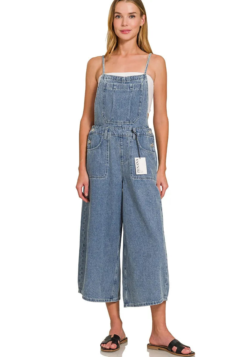 Sarah Express Women's Wide Leg Denim Overalls - Medium Wash Cotton for Casual & Weekend