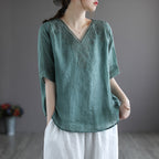 Women's Embroidered Cotton Linen V-Neck T-Shirt Ethnic Retro Style Short Sleeve