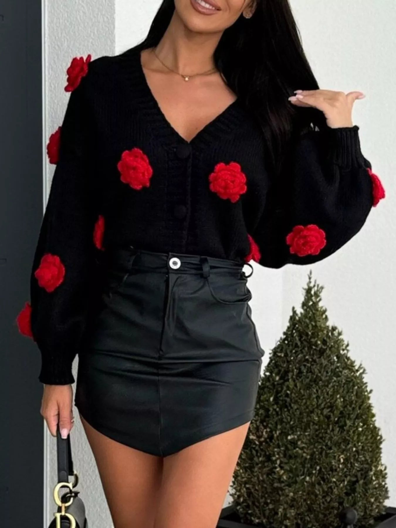 Sarah Express Women's Rose Embellished V-Neck Cardigan - Button Front Sweater Black