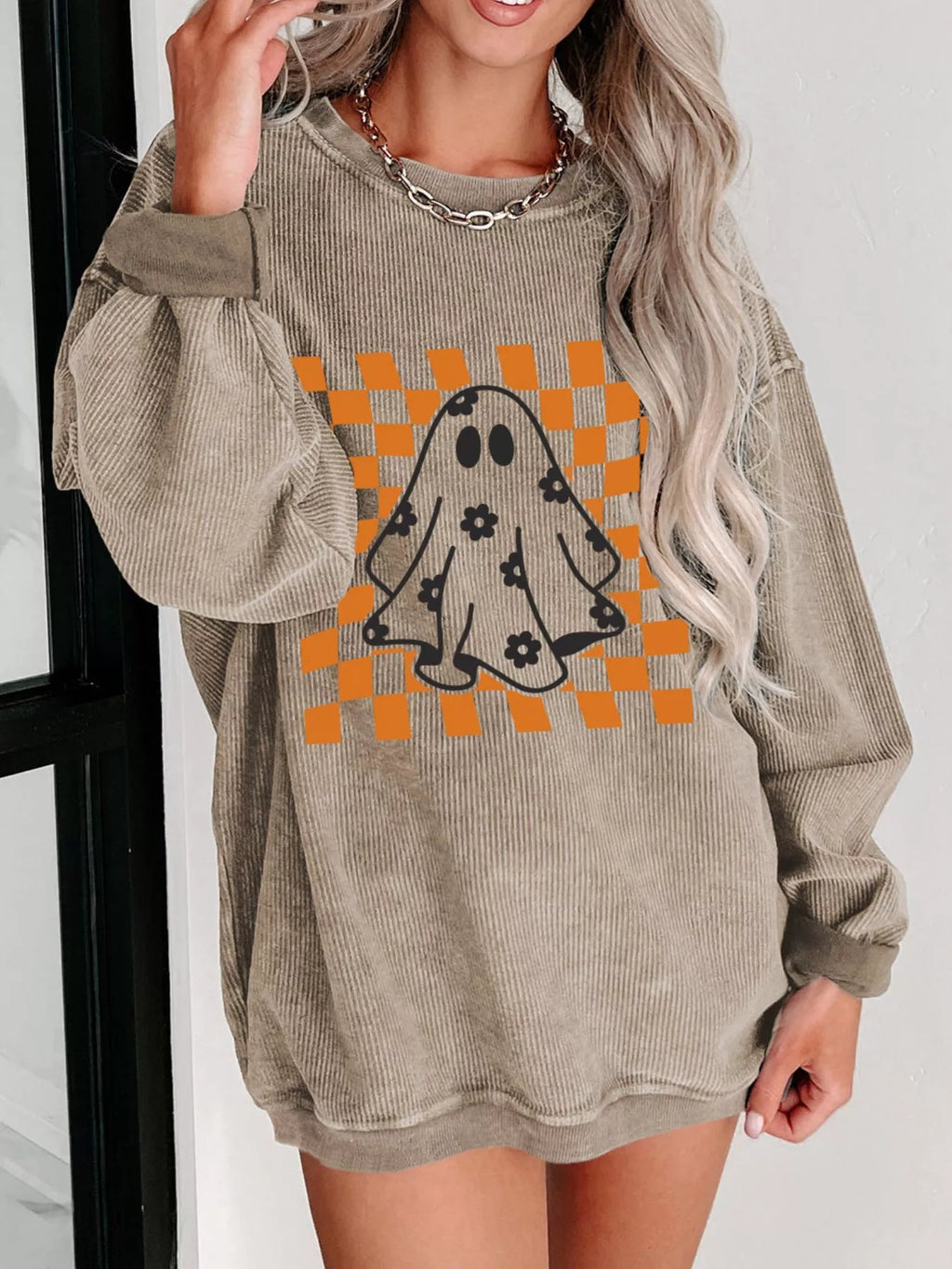 Sarah Express Women's Halloween Checkerboard Floral Ghost Graphic Corded Sweatshirt