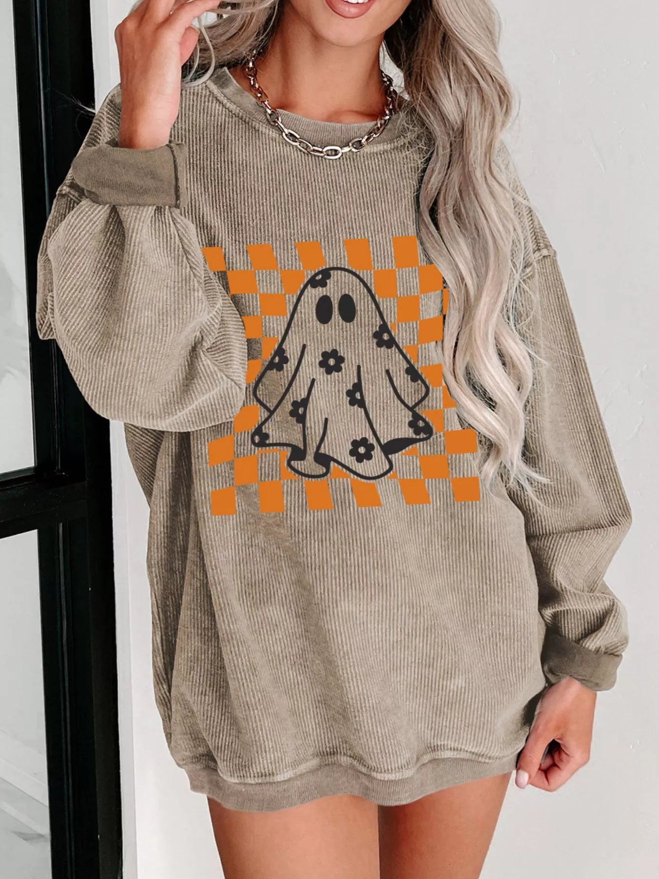 Sarah Express Women's Halloween Checkerboard Floral Ghost Graphic Corded Sweatshirt