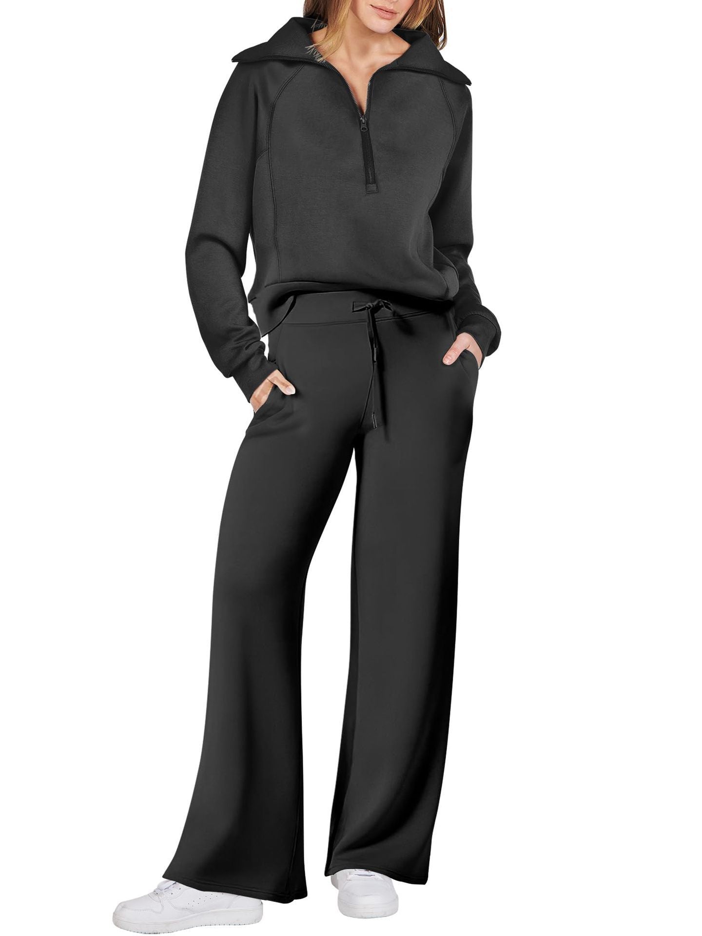 Women's Long Sleeve Zipper Sweatshirt and Wide-Leg Pants Athleisure Set
