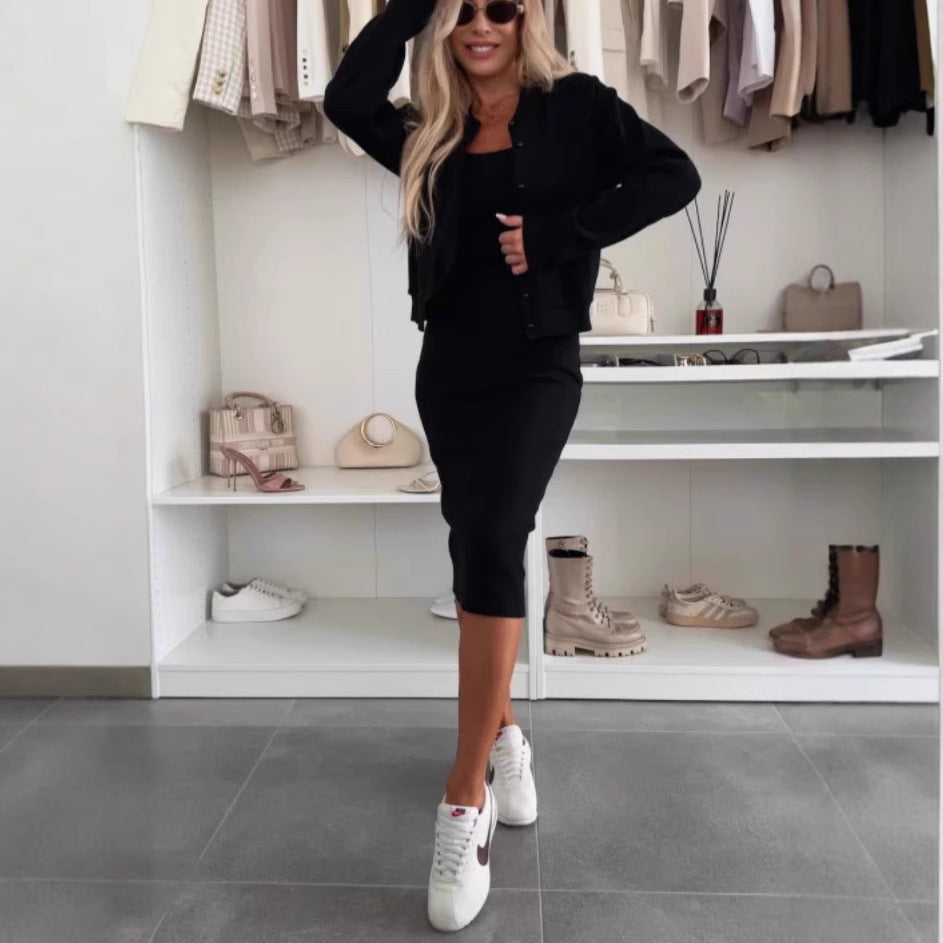 Women's Slip Dress and Cardigan Two Piece Set Long Sleeve Korean Casual Style