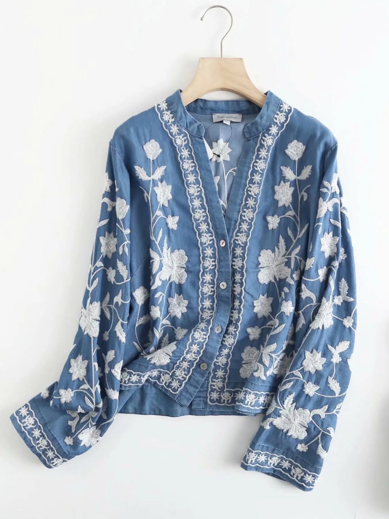 Sarah Express Women's Floral Embroidered Button Up Denim Shirt