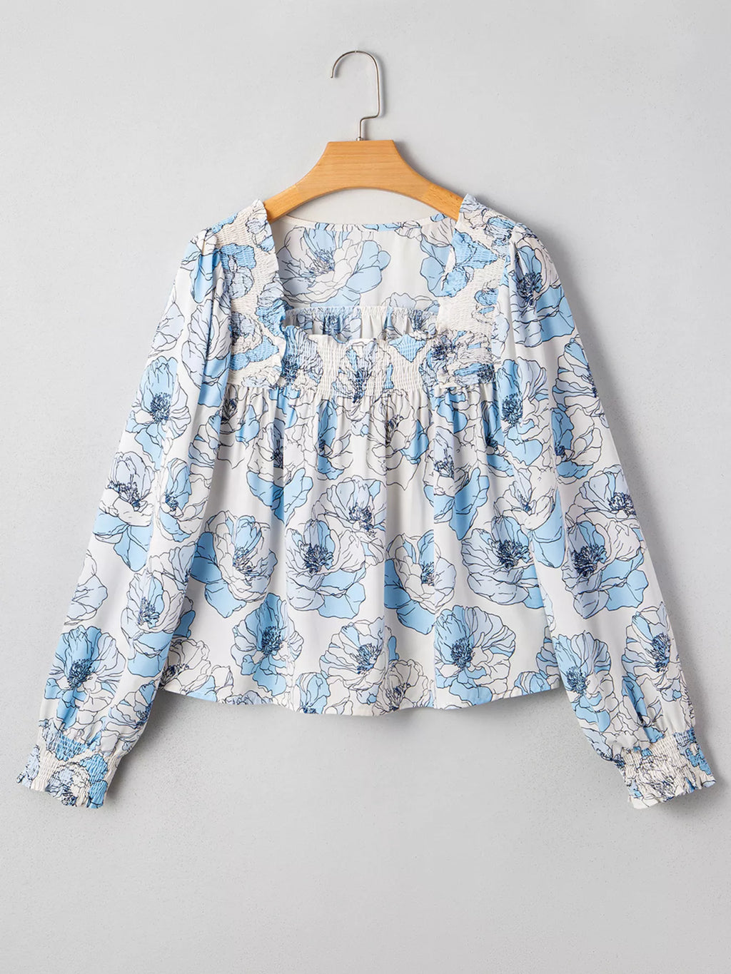 Sarah Express Women's Floral Print Frilly Smocked Square Neck Long Sleeve Blouse