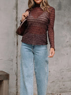 Sarah Express Women's Sheer Mesh Patterned Lettuce Trim Slim Long Sleeve Top