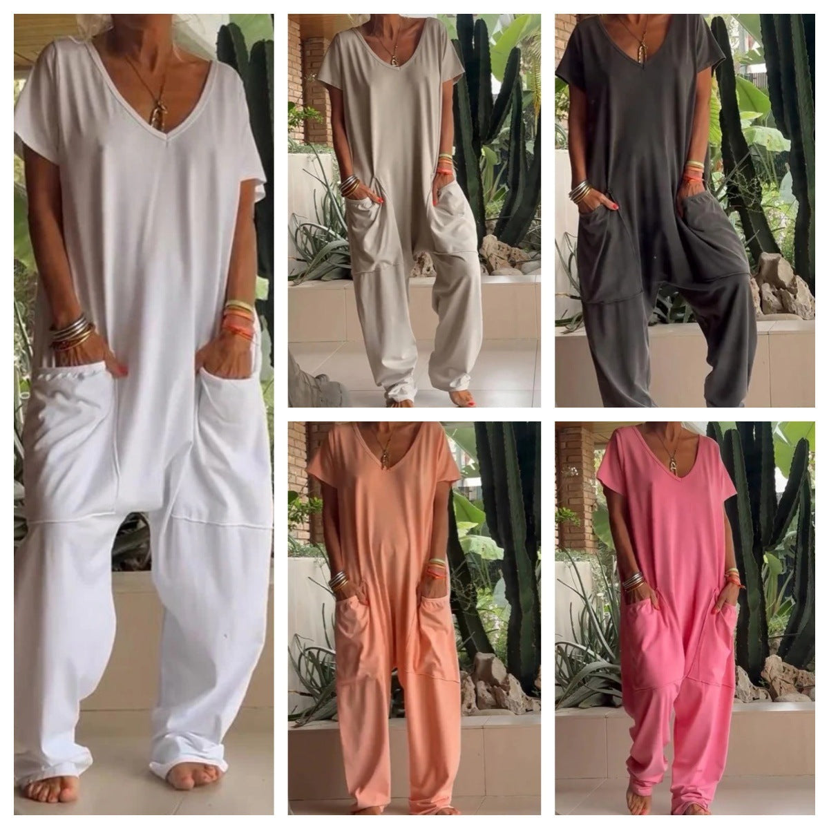 Women's V-Neck Oversized Jumpsuit Quarter Sleeve Pockets Casual Street Style Spring Summer