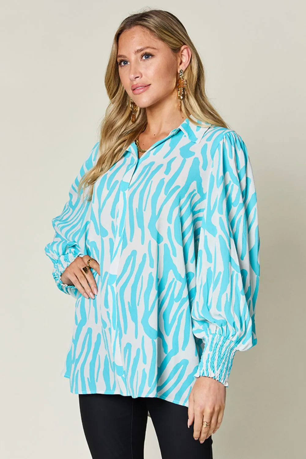 Sarah Express Women's Printed Smocked Long Sleeve Blouse Plus Size
