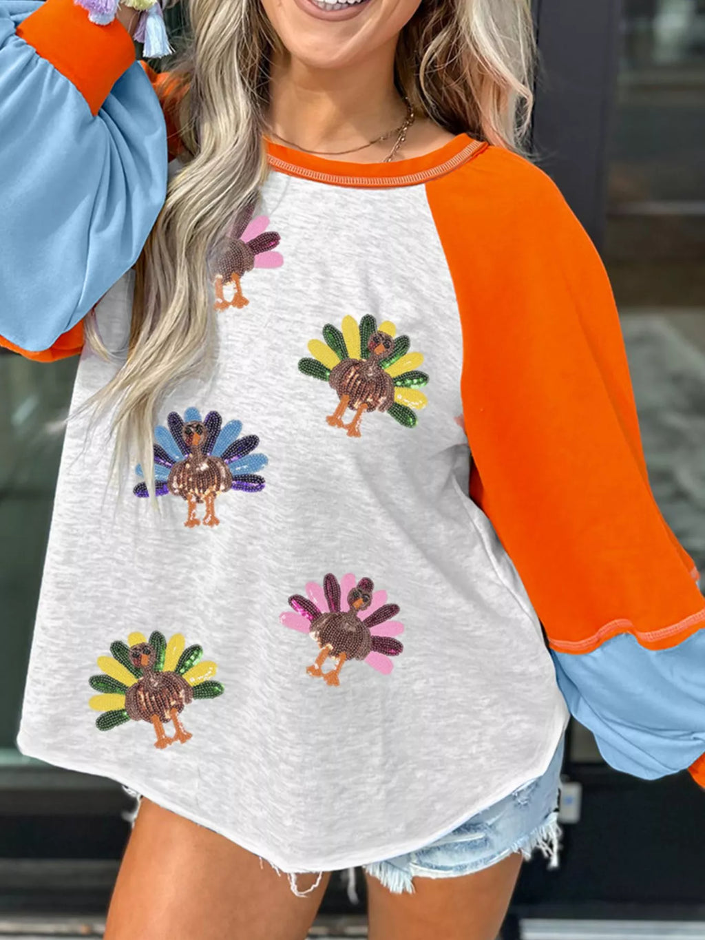 Sarah Express Women's Thanksgiving Turkey Sequin Color Block Raglan Sleeve Top