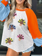 Sarah Express Women's Thanksgiving Turkey Sequin Color Block Raglan Sleeve Top