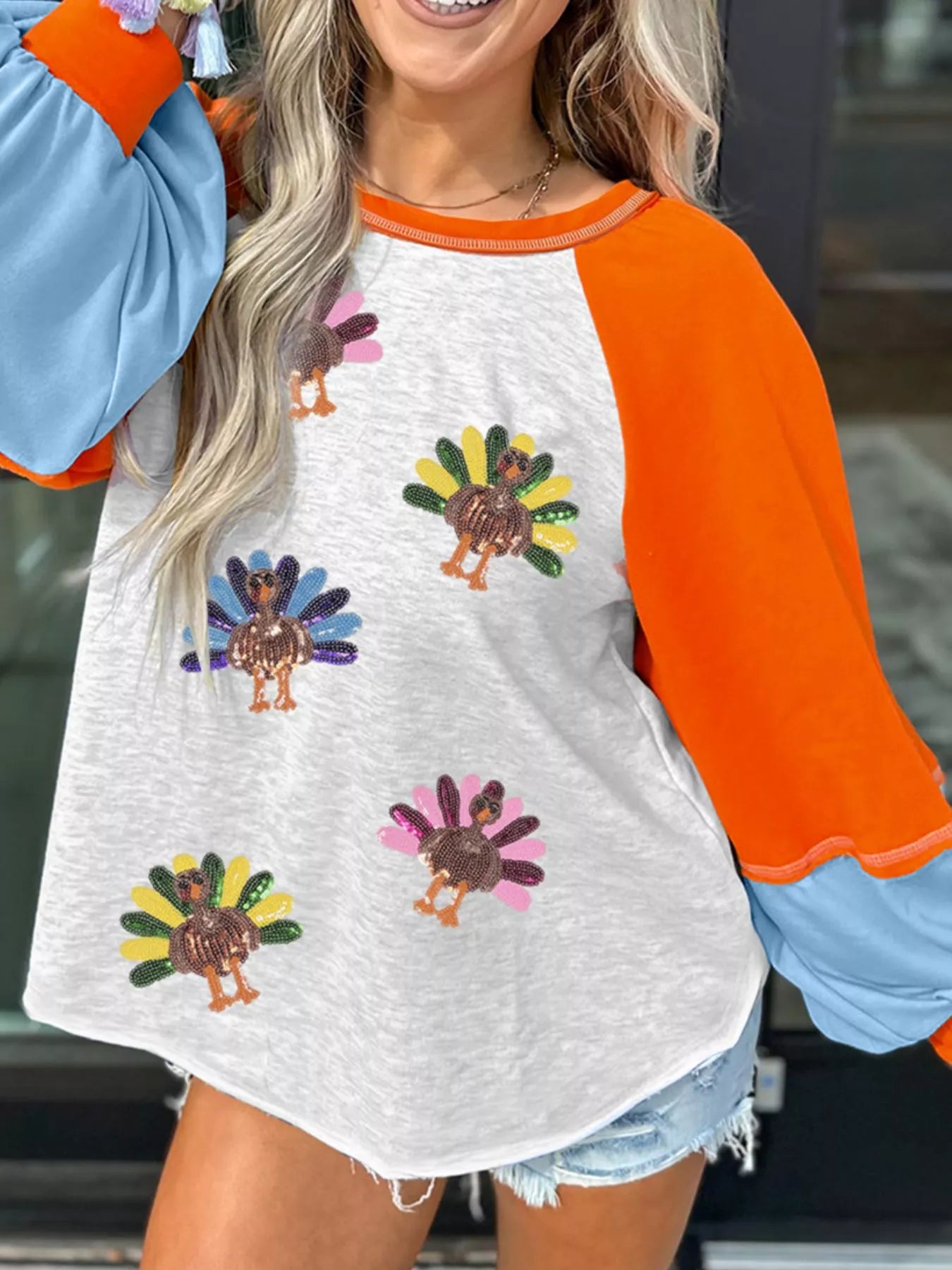 Sarah Express Women's Thanksgiving Turkey Sequin Color Block Raglan Sleeve Top
