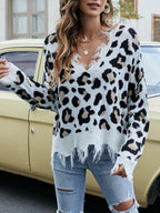 Sarah Express Women's Frayed Hem Long Sleeve Sweater Leopard