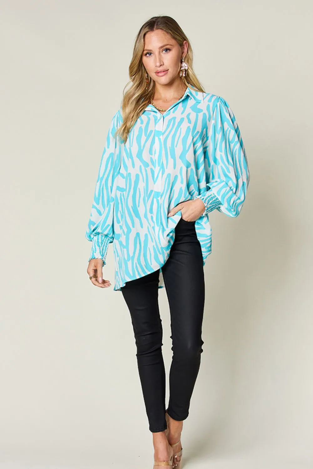 Sarah Express Women's Printed Smocked Long Sleeve Blouse Plus Size