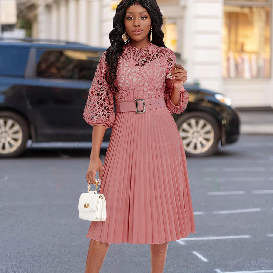 Lace Pleated High-Waist Dress Hollow-Out Detail