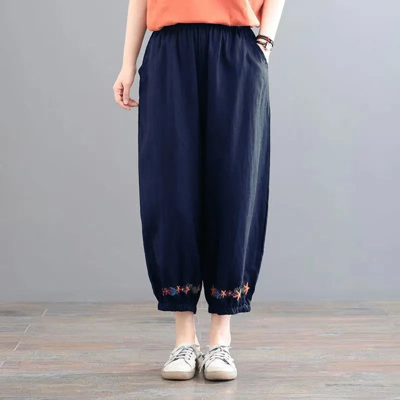 Vintage Style Casual Pants Solid Color Wide Leg Polyester