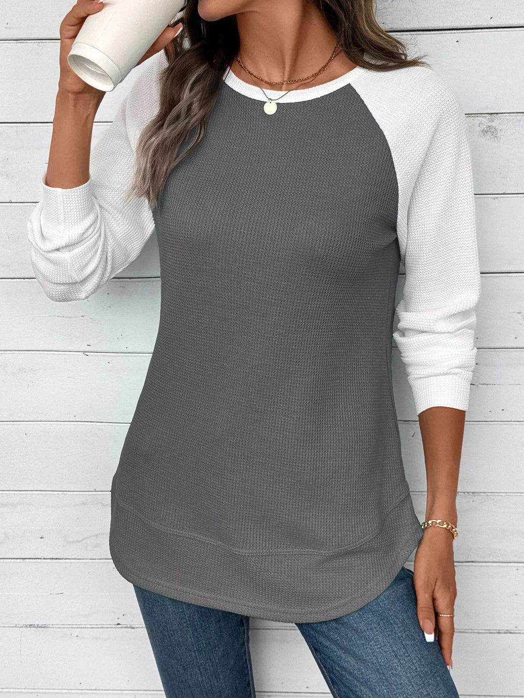 Sarah Express Women's Contrast Raglan Sleeve Waffle Knit T-Shirt