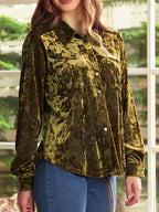 Sarah Express Women's Velvet Button-Down Long Sleeve Shirt Army Green