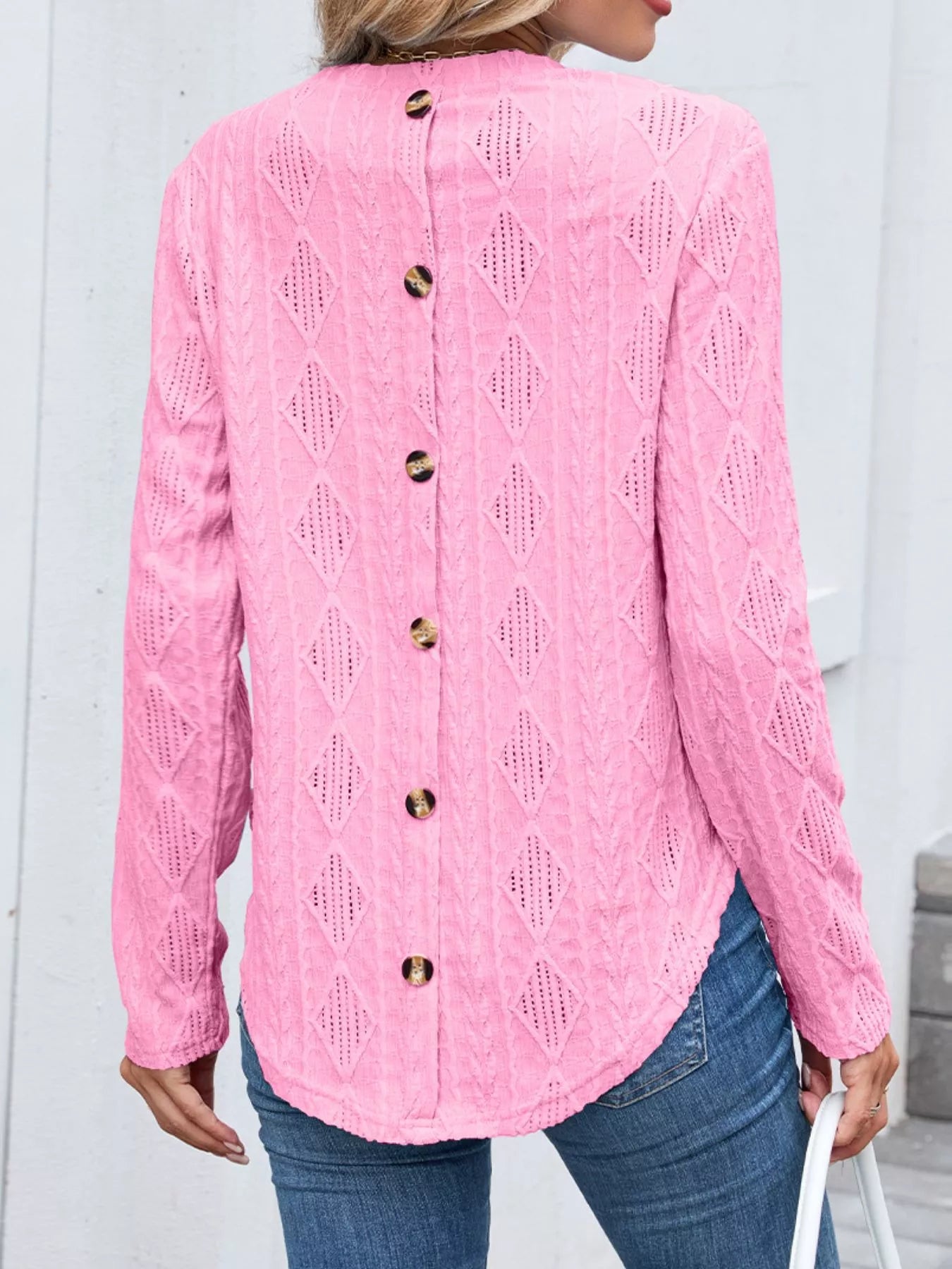 Sarah Express Women's Openwork Textured Long Sleeve Top