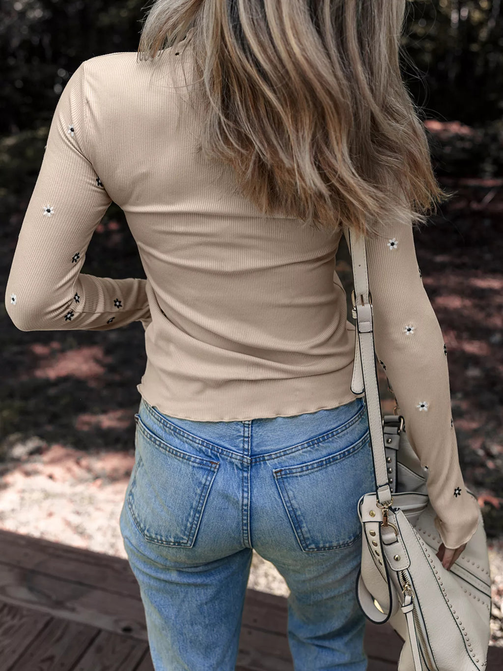 Sarah Express Women's Floral Embroidered Ribbed Long Sleeve Top