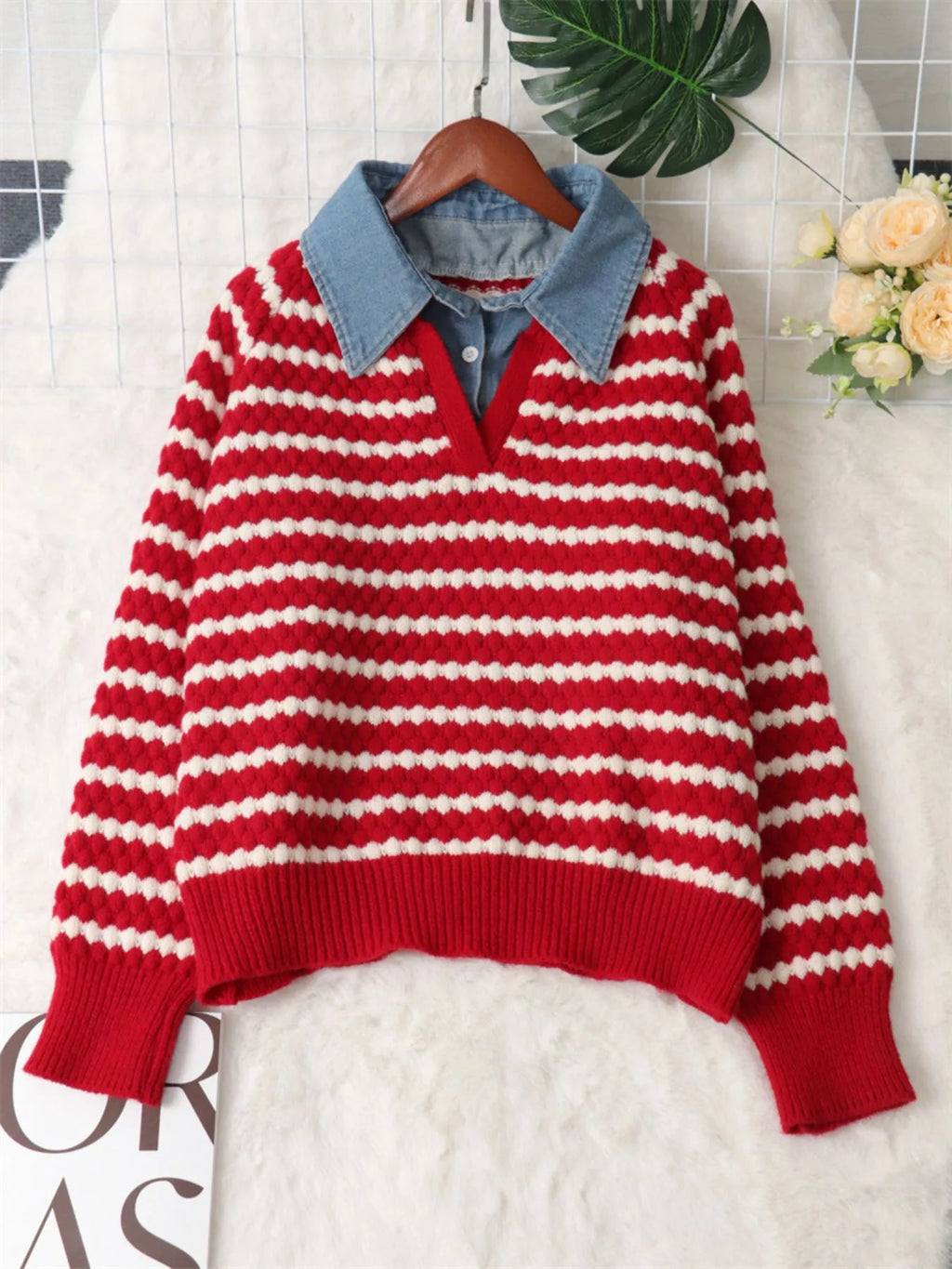 Sarah Express Women's Contrast Striped Sweater with Denim Collar - Openwork Knit Pullover