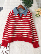 Sarah Express Women's Contrast Striped Sweater with Denim Collar - Openwork Knit Pullover