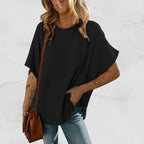Solid Color Knitted T-Shirt Women's Half Sleeve Loose Casual Pullover Top