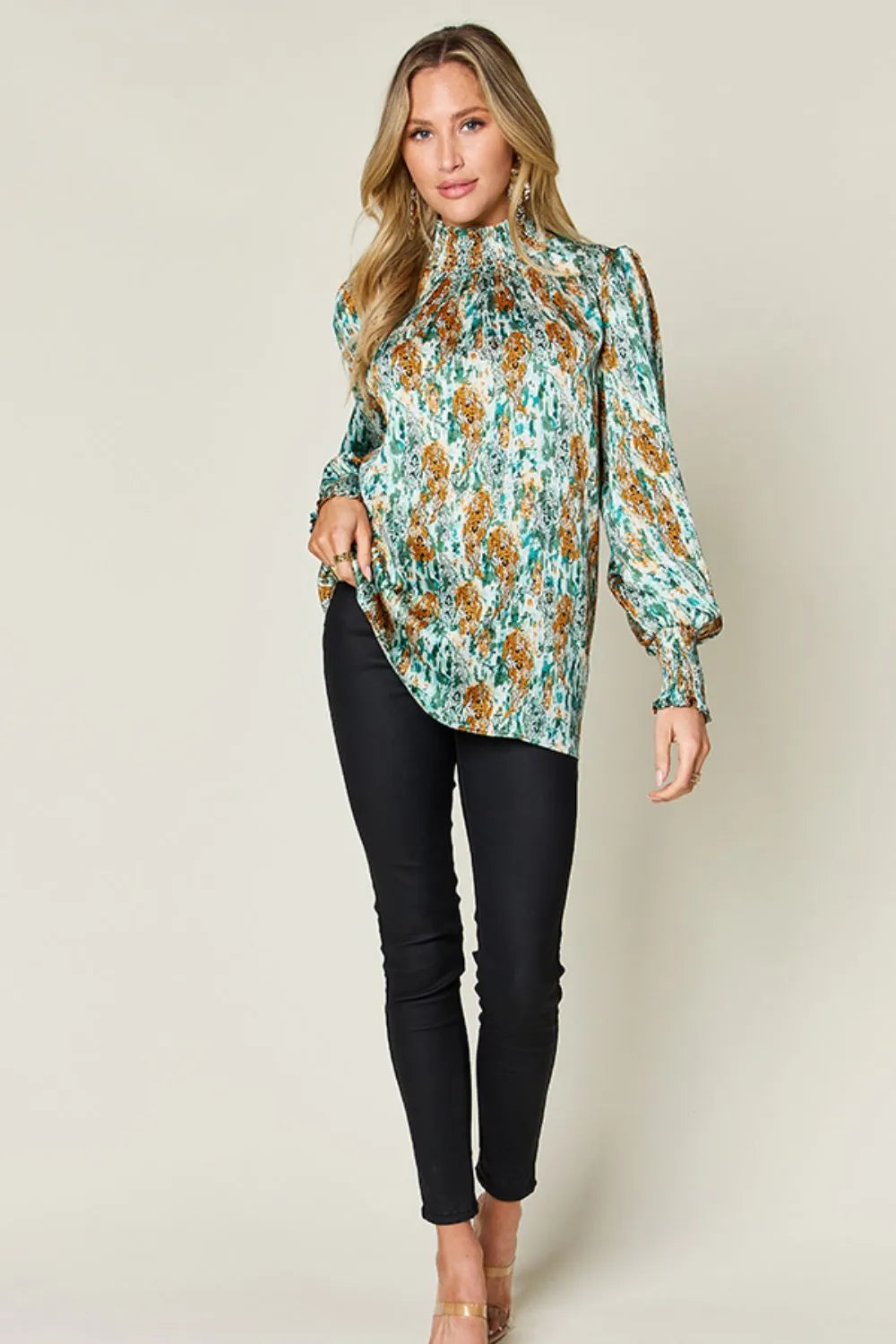 Sarah Express Women's Printed Smocked Long Sleeve Blouse