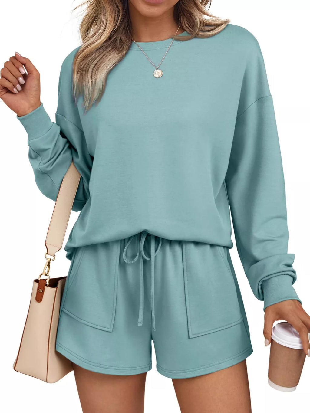 Sarah Express Women's Round Neck Long Sleeve Top and Shorts Set - Two Piece Loungewear Turquoise