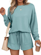 Sarah Express Women's Round Neck Long Sleeve Top and Shorts Set - Two Piece Loungewear Turquoise