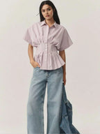 Sarah Express Women's Striped Short Sleeve Button-Up Shirt