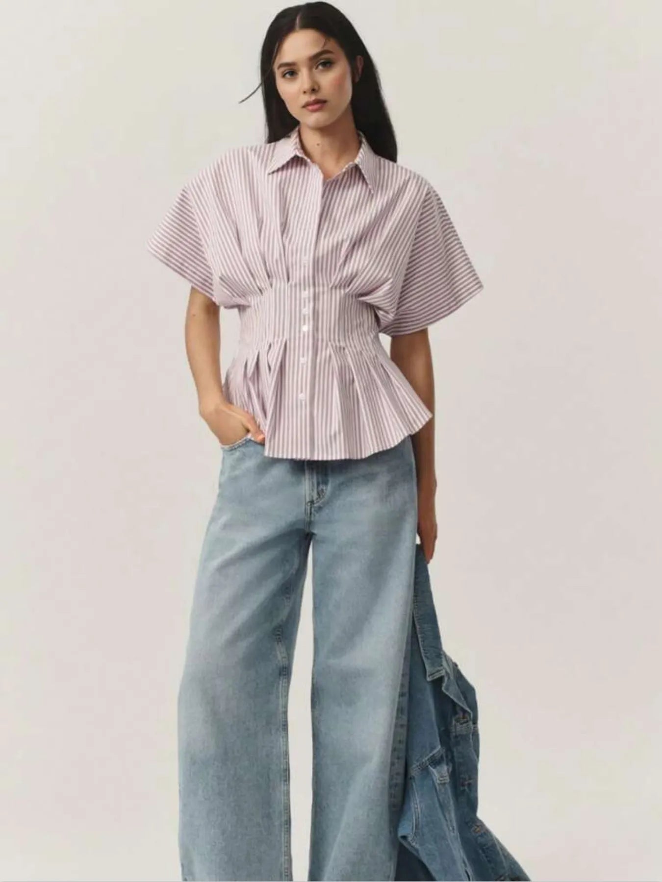 Sarah Express Women's Striped Short Sleeve Button-Up Shirt