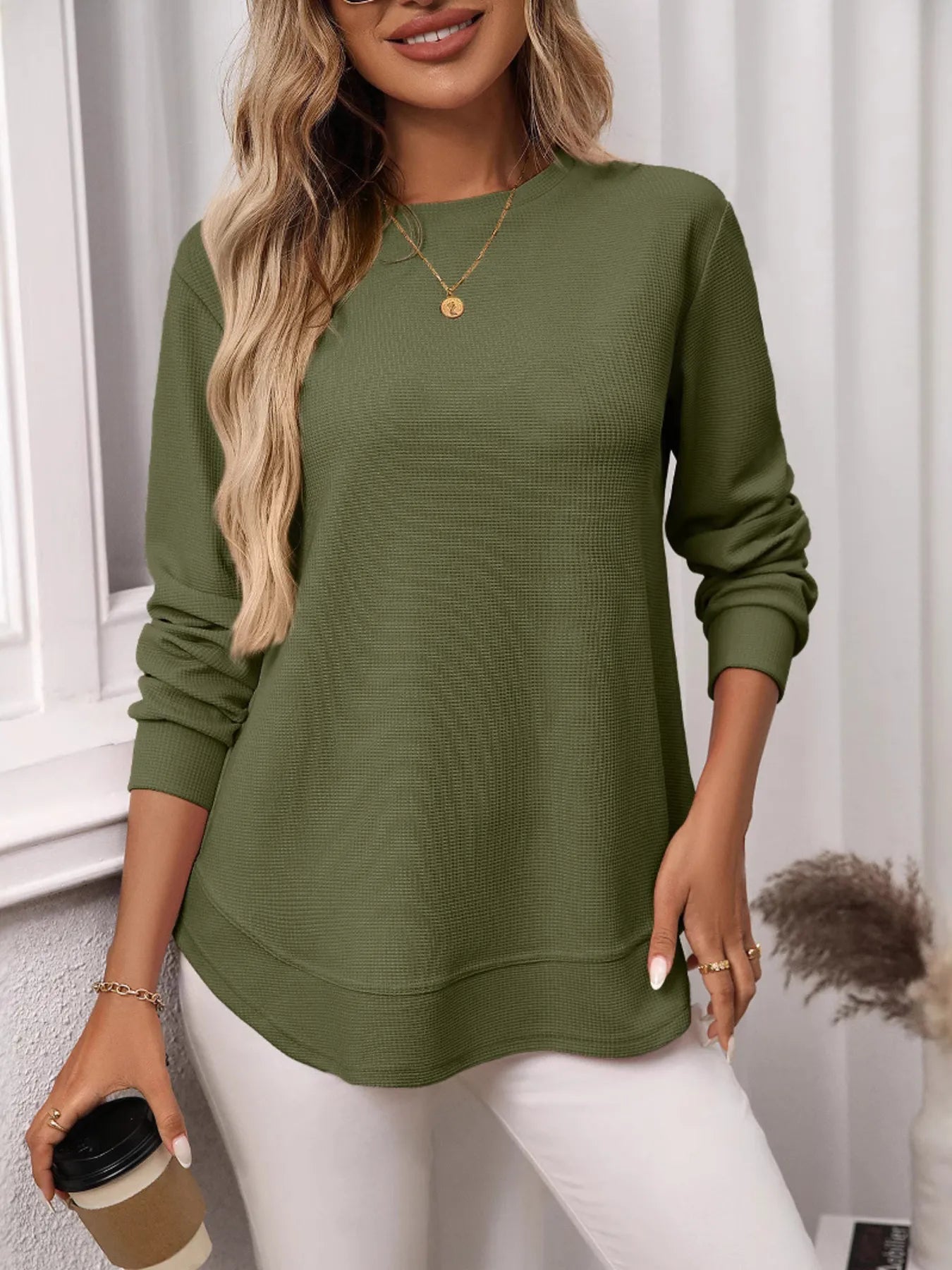 Sarah Express Women's Long Sleeve Round Neck Waffle-Knit T-Shirt Army Green