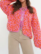 Sarah Express Women's Leopard Tie Front Cardigan