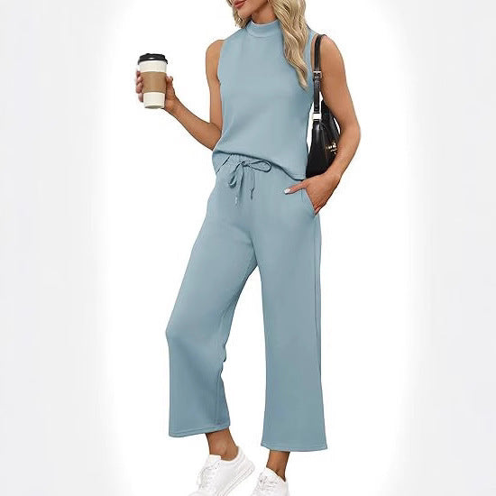 Women's Sleeveless Top Wide Leg Cropped Pants Two-Piece Set Matching Outfit