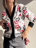 Sarah Express Women's Floral Button Down Cardigan with Geometric Border White