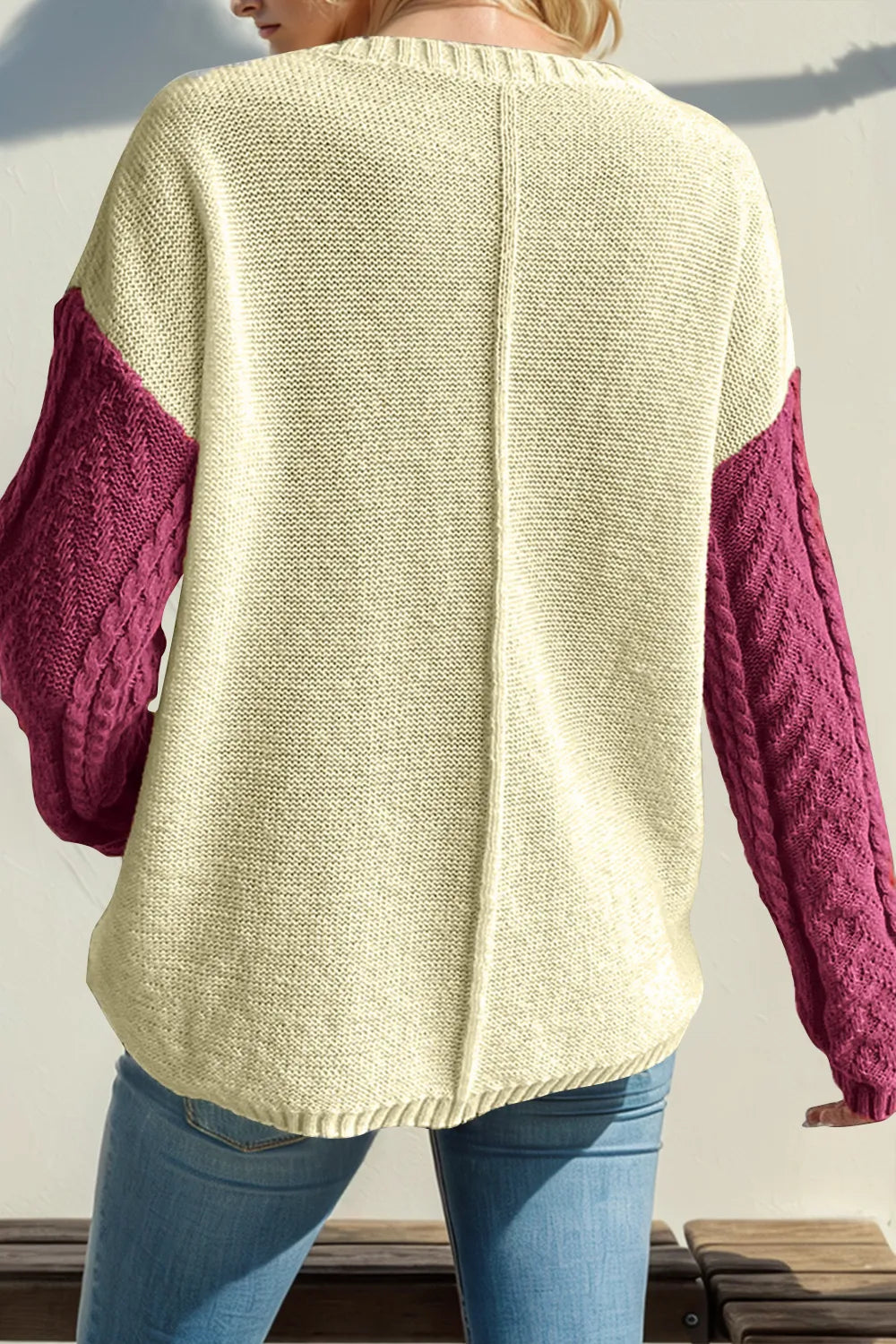 Sarah Express Women's Color Block Drop Shoulder Cable-Knit Sweater with Pockets