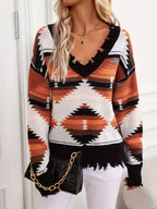 Sarah Express Women's Geometric Frayed Hem V-Neck Long Sleeve Sweater Black