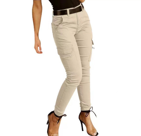 Women's Low Waist Cotton Blend Cargo Overalls Loose Fit Button Detail Trousers
