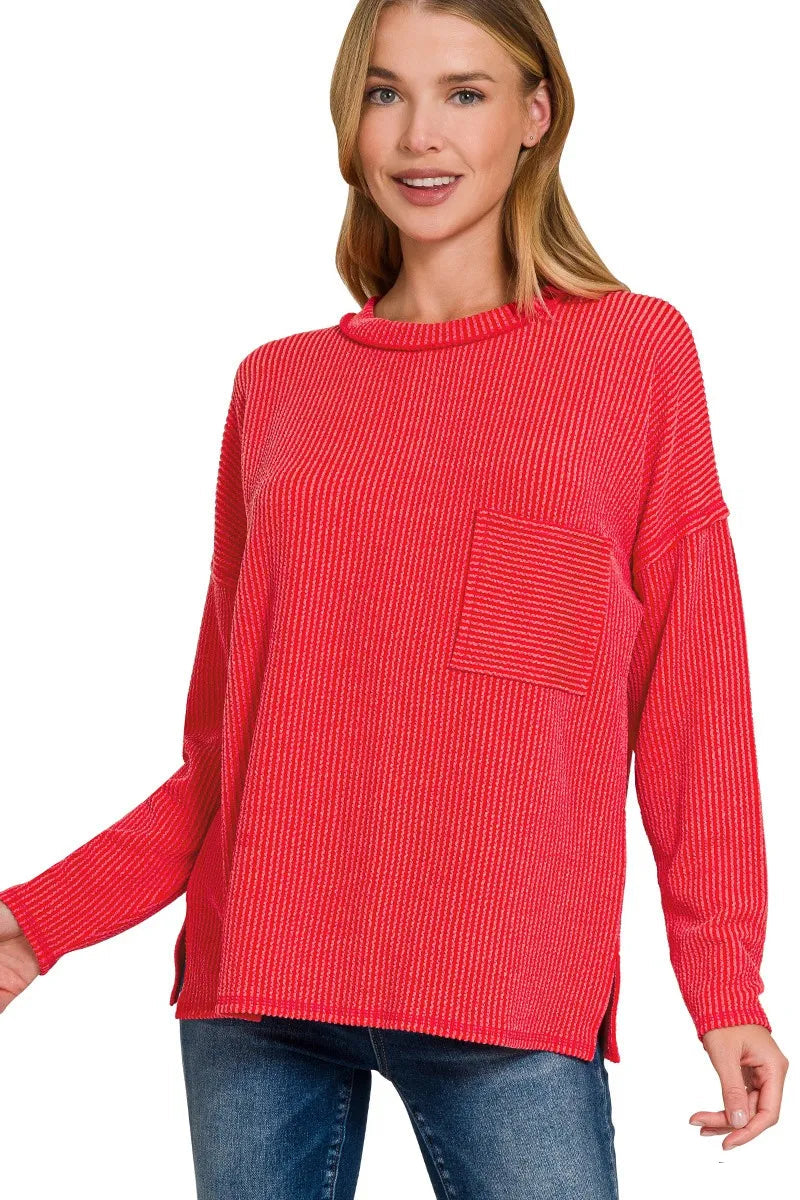 Sarah Express Women’s Long Sleeve Drop Shoulder Ribbed Top Casual All-Season