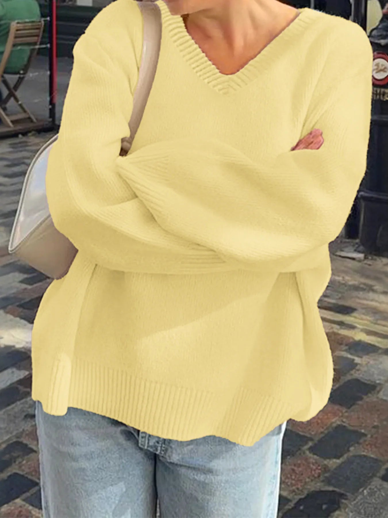 Sarah Express Women's V-Neck Long Sleeve Sweater - Oversized Ribbed Knit Pullover Light Yellow