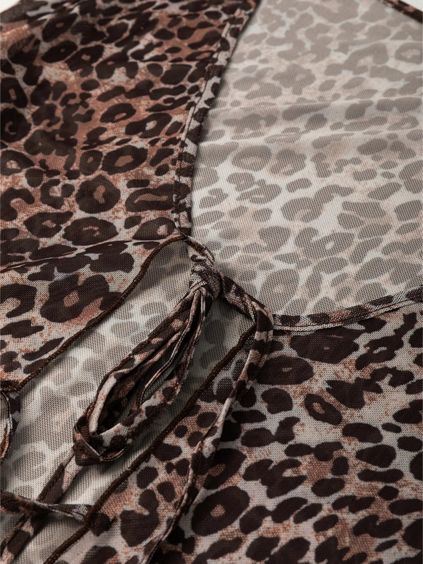 Sarah Express Women's Leopard Sheer Mesh Long Sleeve V Neck Lace-Up Blouse