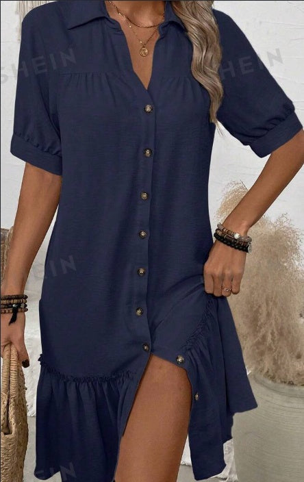 Women's Button-Up Shirt Dress Turn-Down Collar Ruffle Hem