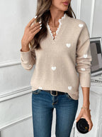 Sarah Express Women's Heart V-Neck Long Sleeve Sweater with Lace Detail