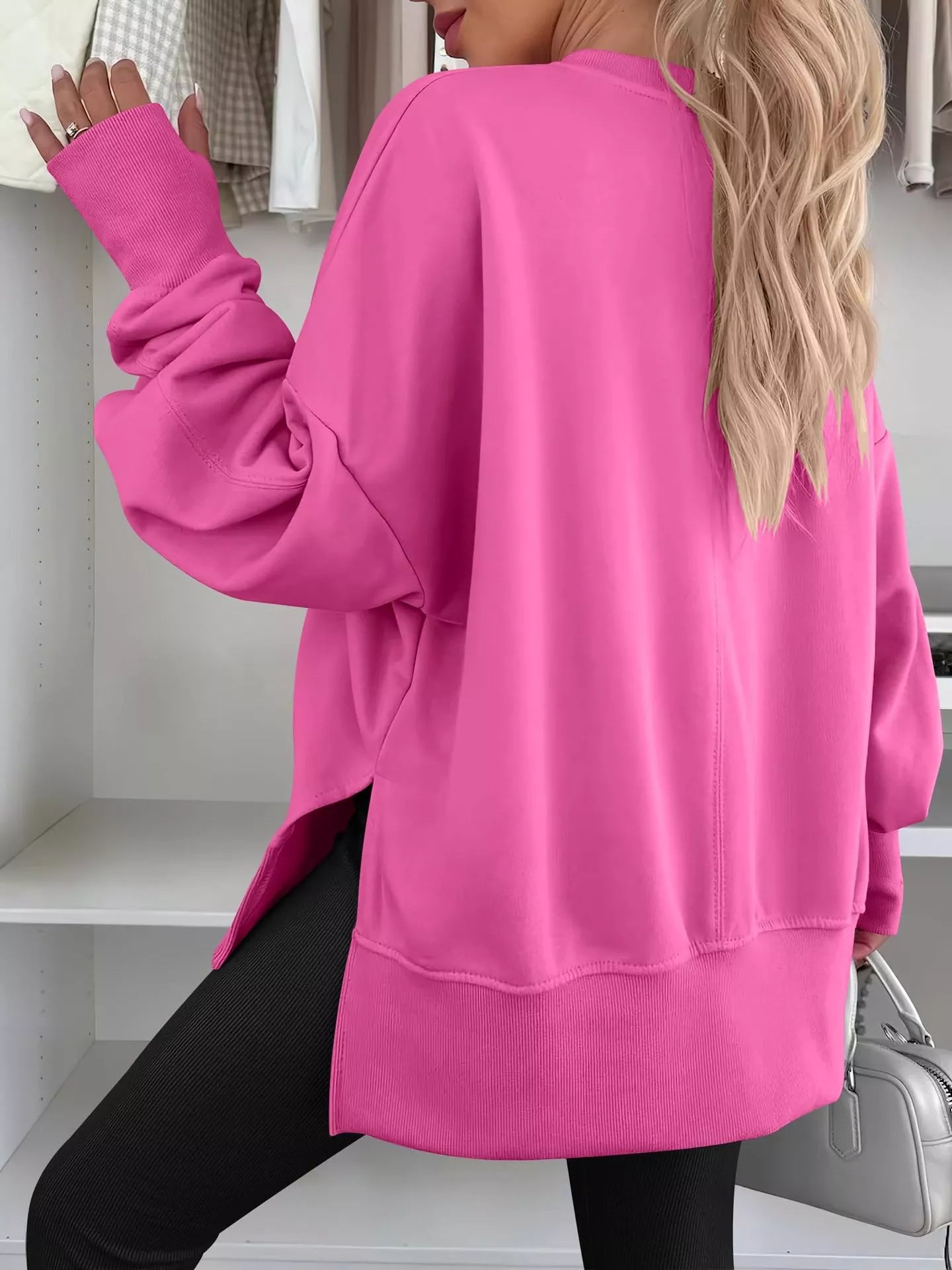 Sarah Express Women's Side Slit Round Neck Long Sleeve Sweatshirt