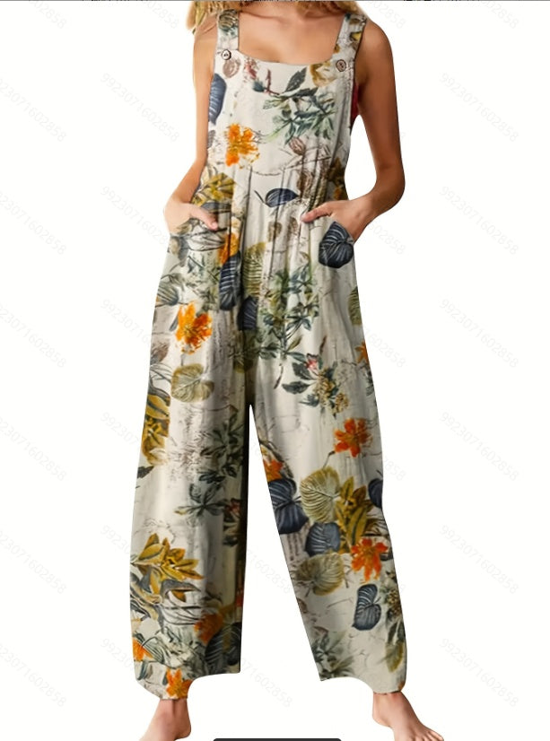 Women's Ethnic Print Jumpsuit Suspender Sleeveless Button Front
