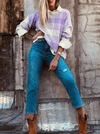 Sarah Express Women's Plaid Round Neck Long Sleeve Sweater