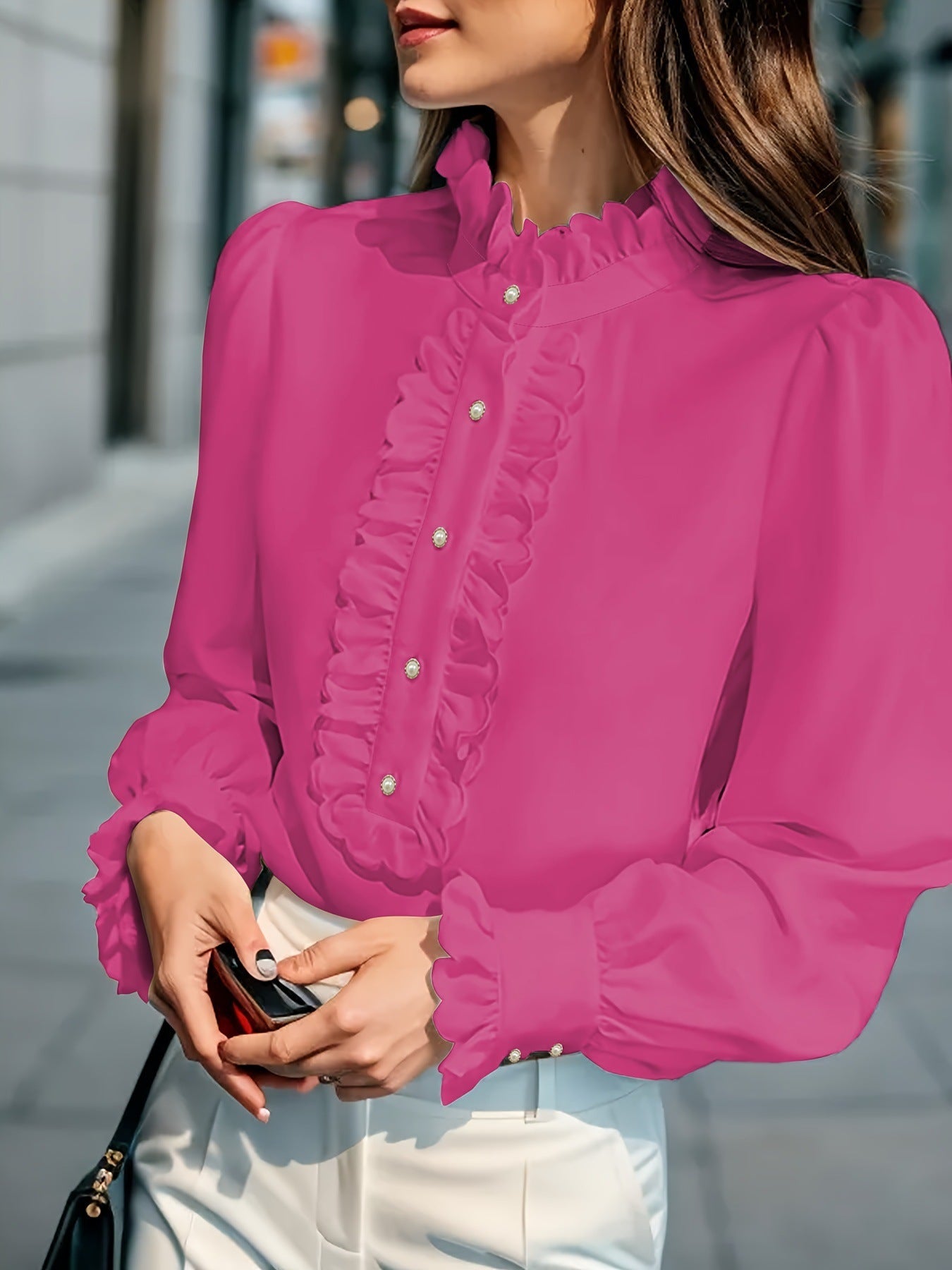 Women's Ruffled Cardigan Shirt Long Sleeve Button Front