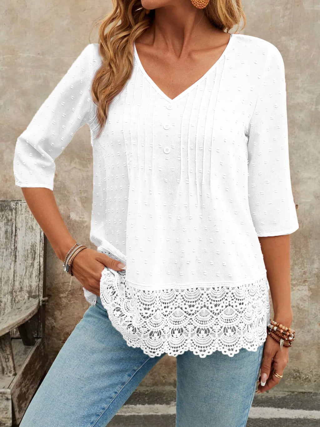 Sarah Express Women's Lace Hem V-Neck Blouse White