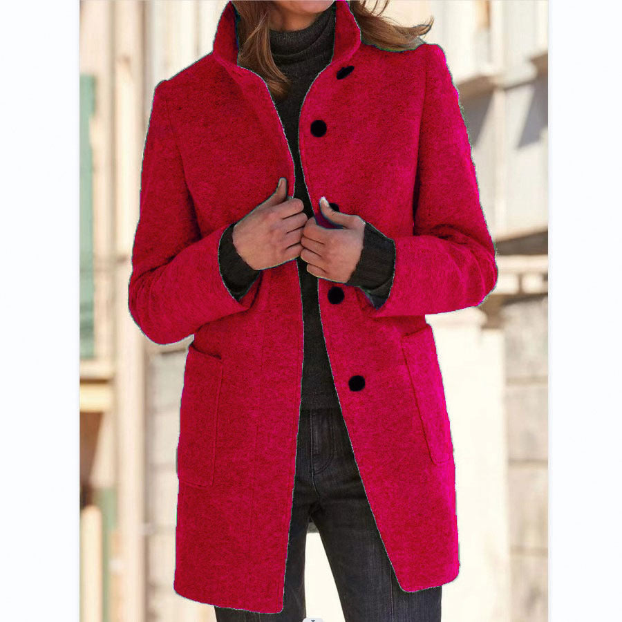 Women's Stand Collar Woolen Coat Button Front Outerwear