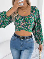 Sarah Express Women's Floral Balloon Sleeve Square Neck Crop Blouse